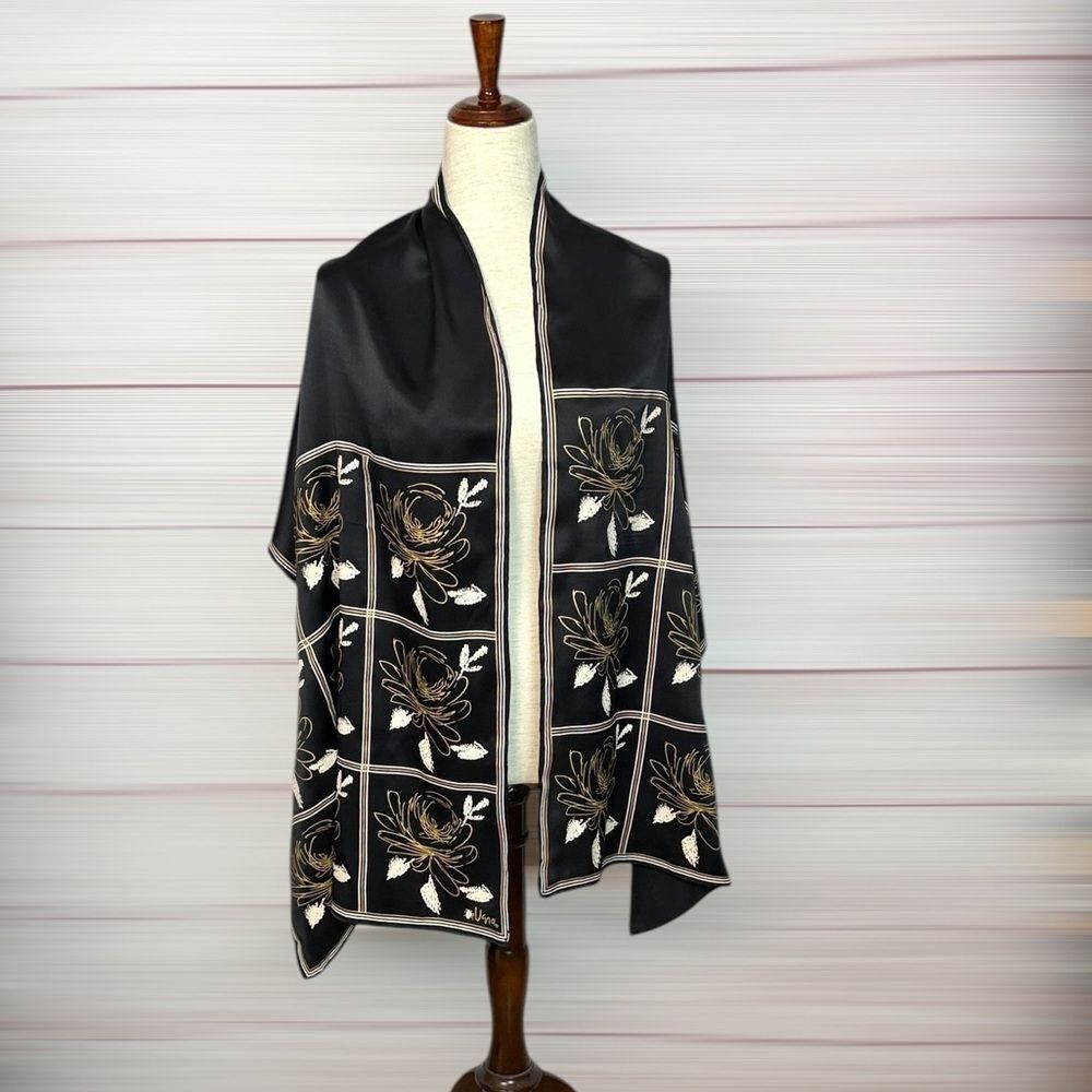 Vera Neumann Large Oblong Scarf Shawl Black Floral Print Silk (?) Hand Rolled
